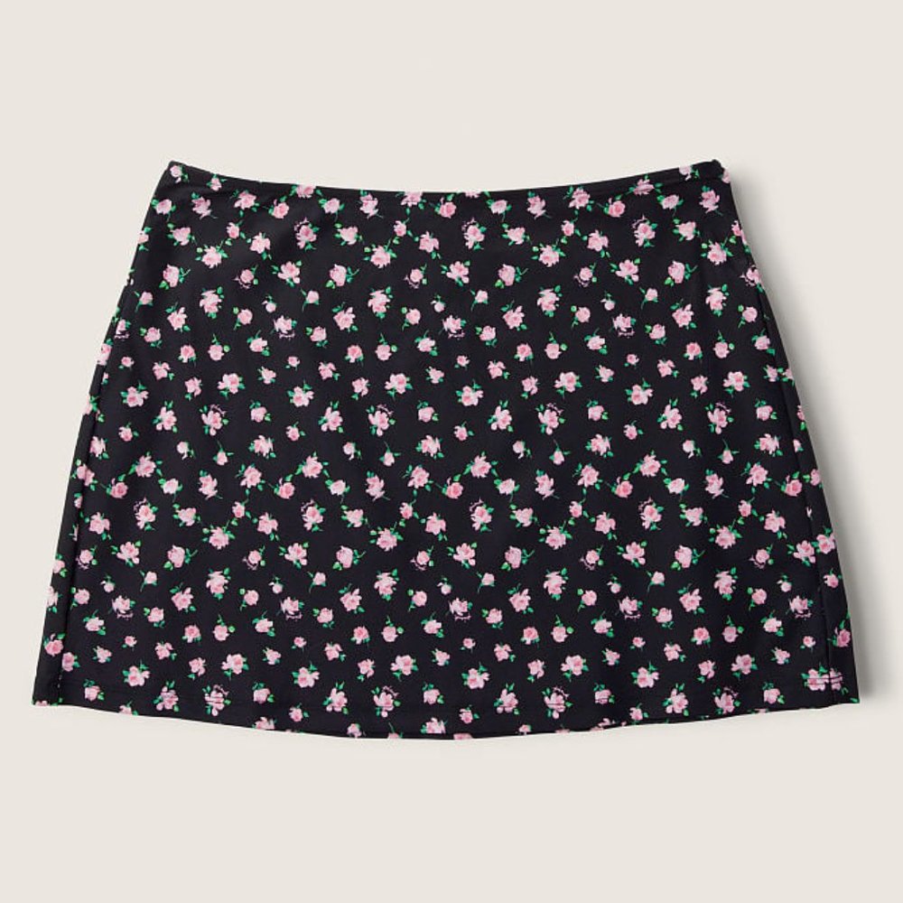 PINK Victoria's Secret Swim Cover-Up Mini Skirt Black and Roses pattern